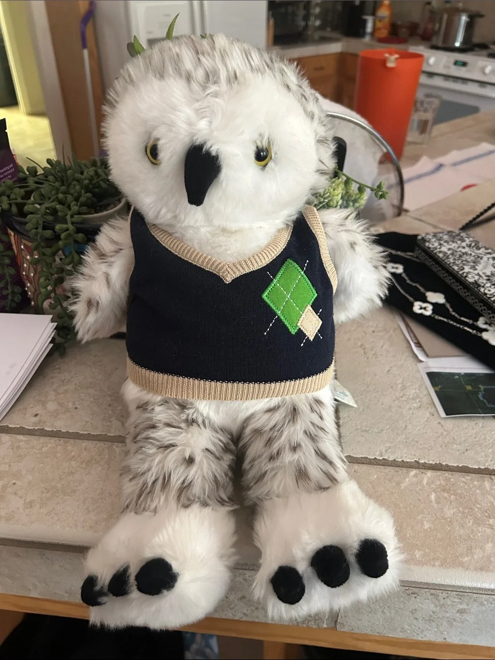 Harry Potter Build-A-Bear White and Gray Owl with Navy Vest and Green Argyle